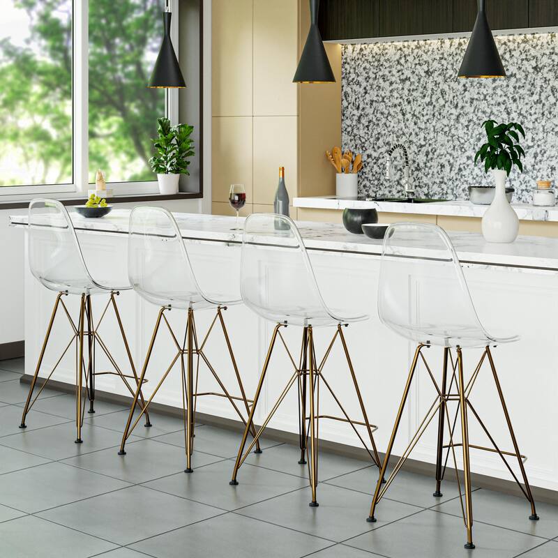 LeisureMod Cresco Acrylic Barstool with Gold Chrome Base and Footrest