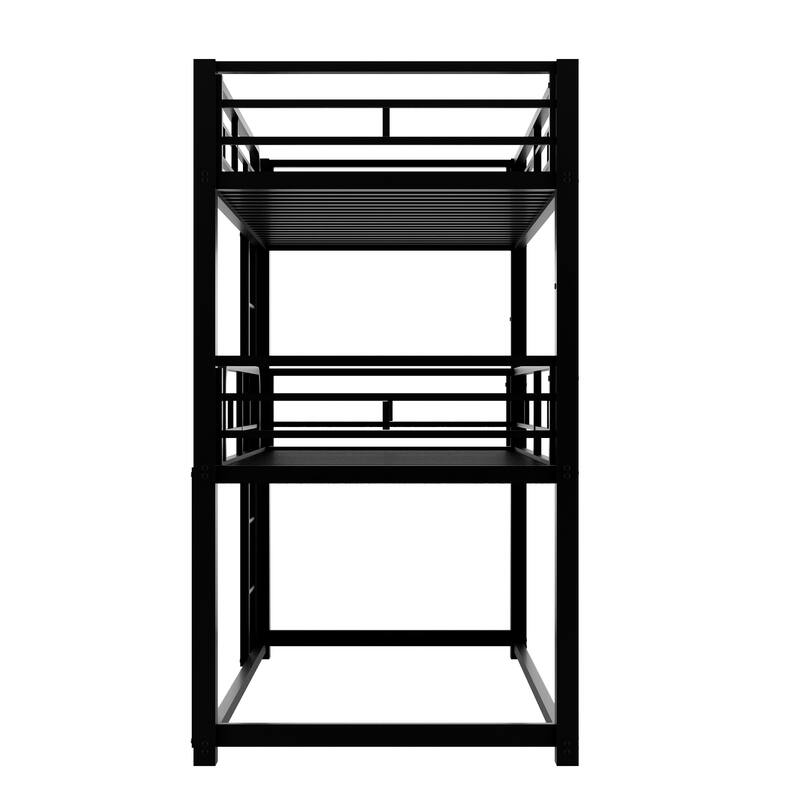 Twin Triple Bunk Bed w/ Long & Short Ladder, Industrial Style Metal Bunkbeds w/ Safety Guardrails for Bedroom, Dorm, Guest Room