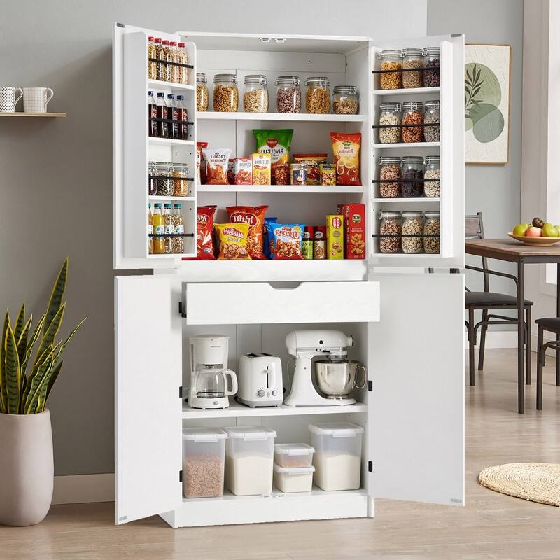 Farmhouse 72" Tall Kitchen Pantry Cabinet, Freestanding Curved Design with Adjustable Shelves and Hidden Drawer