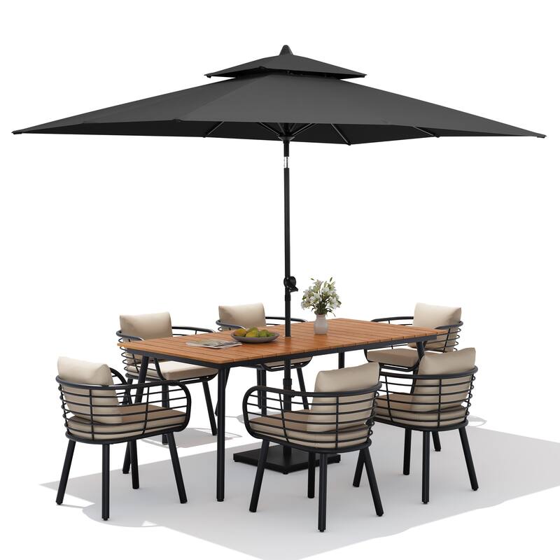 9PC Outdoor Patio Dining Set Aluminum Table with Sunbrella Cushion Chairs w/ Market Umbrella Sets