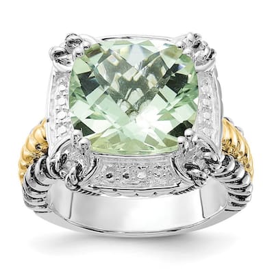 Curata 925 Sterling Silver Solid 14k Gold Large Green Amethyst Vintage Ring