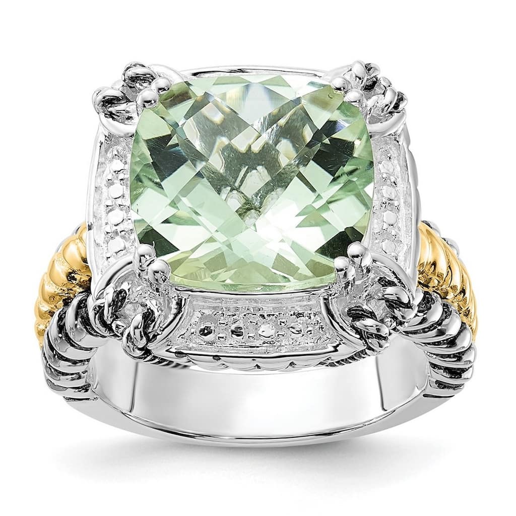 Curata 925 Sterling Silver Solid 14k Gold Large Green Amethyst Vintage Ring