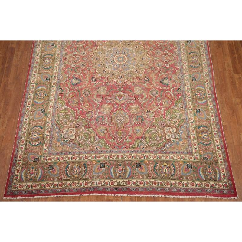 Hand Knotted Oriental 100% Wool Carpet Traditional Floral Pink Mashad Area Rug - 11' 4'' X 7' 9''