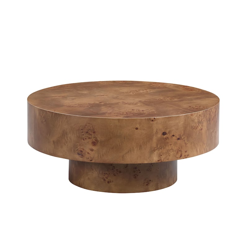31.49" Round Coffee Table with Burl Wood Veneer, Sturdy Pedestal for Living Room, Modern Low Center Table Accent Cocktail Table - Light Walnut