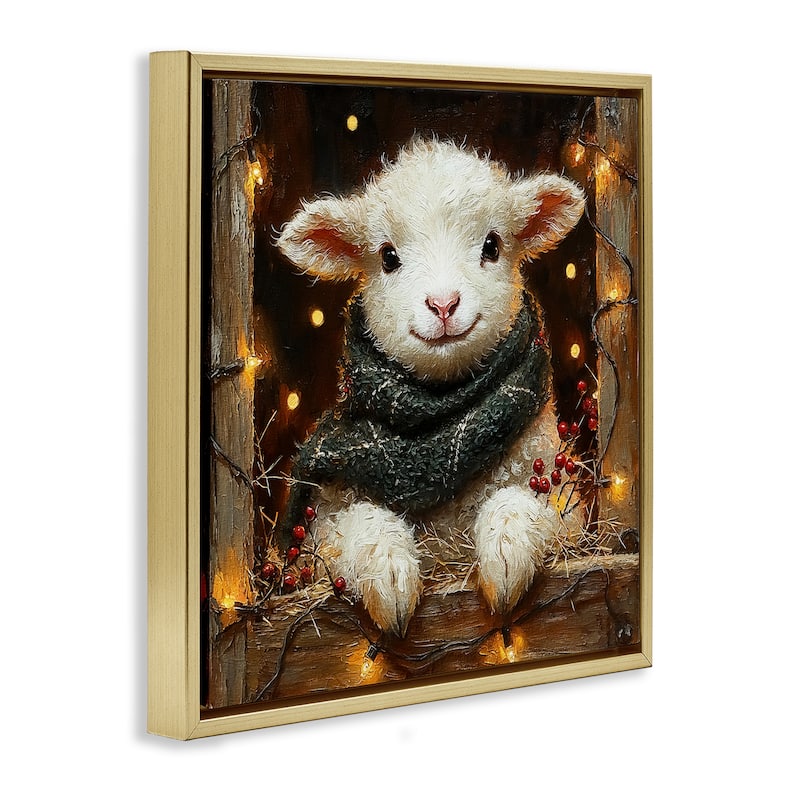 Stupell Festive Lamb with Holiday Lights Framed Floater Canvas Wall Art Design By Riley B