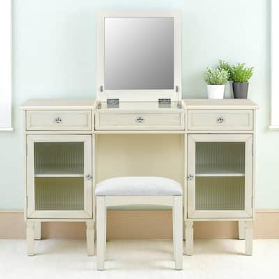 2-in-1 Vanity Desk with Flip Mirror - Makeup Table with Drawer, Cabinets & Stool, Computer Writing Desk