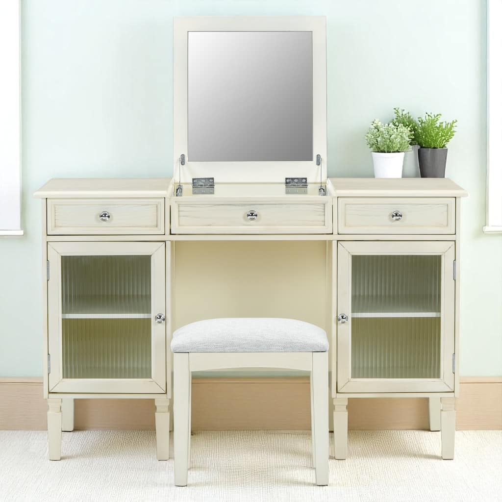 2-in-1 Vanity Desk with Flip Mirror - Makeup Table with Drawer, Cabinets & Stool, Computer Writing Desk
