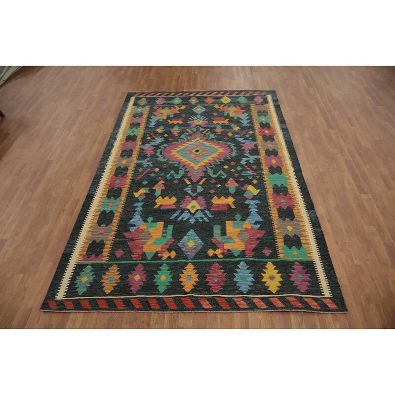 Hand Woven Oriental 100% Wool Carpet Southwestern Tribal Multi-Colored Kilim Area Rug - 9' 10'' X 6' 3''