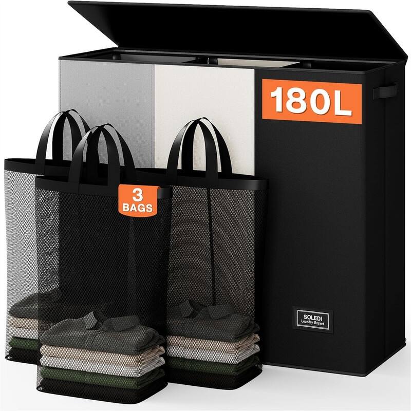 Laundry Hamper 3 section with lid and 3 Pcs Laundry Bag - 32.67"L x 12.2"W x 27.6"H - Black/White/Grey - 32.67"L x 12.2"W x 27.6"H
