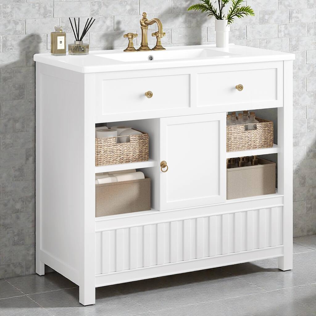 36" Bathroom Vanity with Sink, Solid Wood & MDF Cabinet with Door, Drawer and Open Storage Shelves