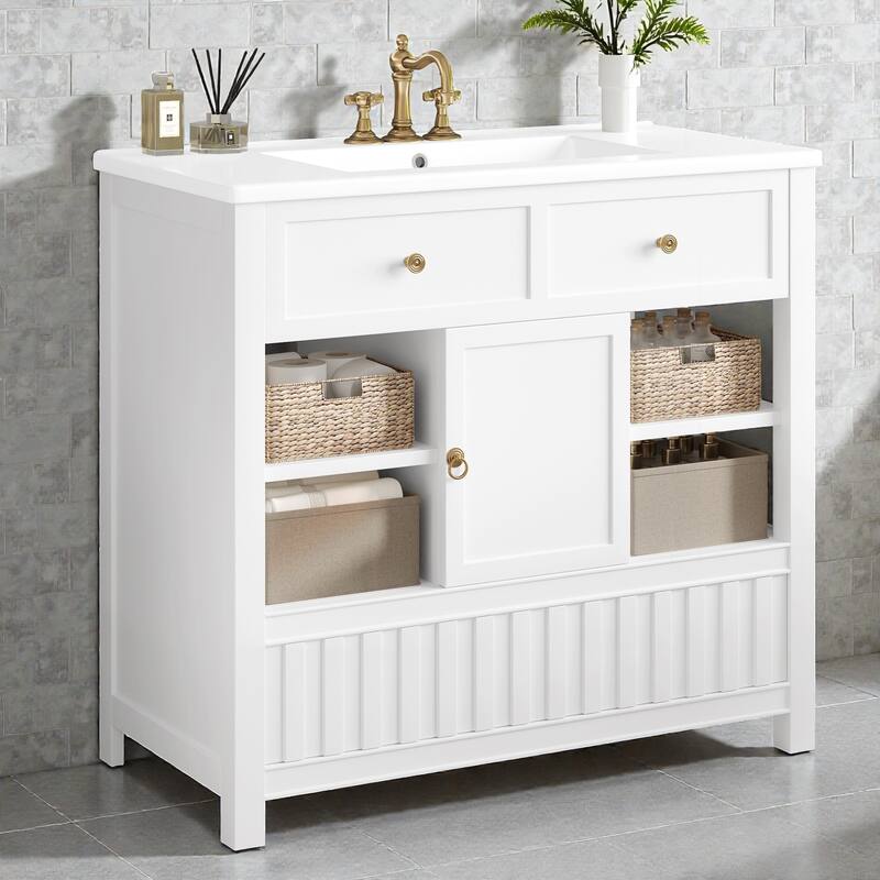 36" Bathroom Vanity with Sink, Solid Wood & MDF Cabinet with Door, Drawer and Open Storage Shelves - White