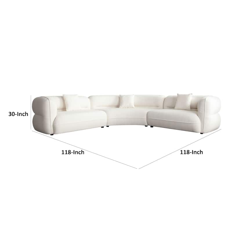 Micy 3pc Sectional Sofa, 3 Accent Pillows, Textured Ivory Polyester