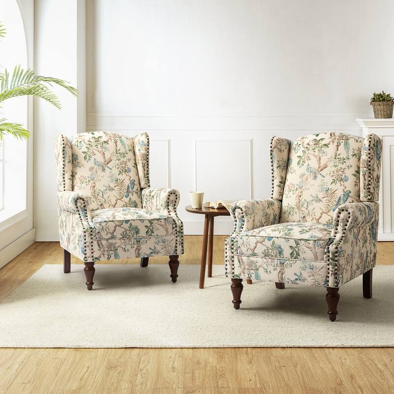 Gott Traditional Wingback Armchair with Solid Wood Legs Set of 2 by HULALA HOME - Bird