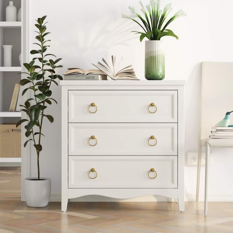 COZAYH Farmhouse Fully-Assembled 3-Drawer Dresser Chest with Bronze Metal Ring Handles, Vintage French Country Nightstand - White