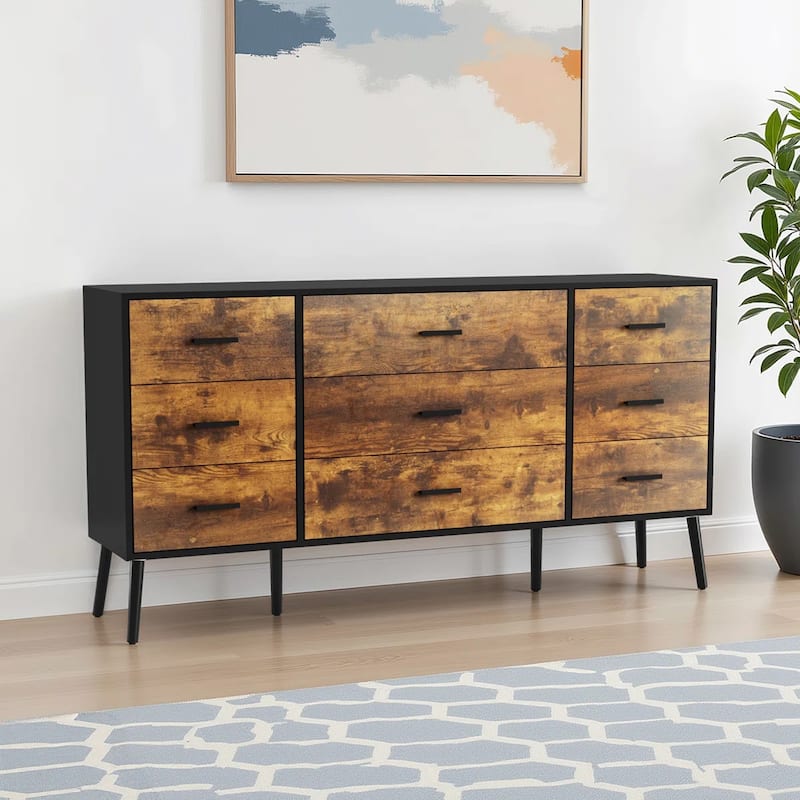 61" Wide 9-Drawer Dresser Rustic Brown Bedroom Chest of Drawers