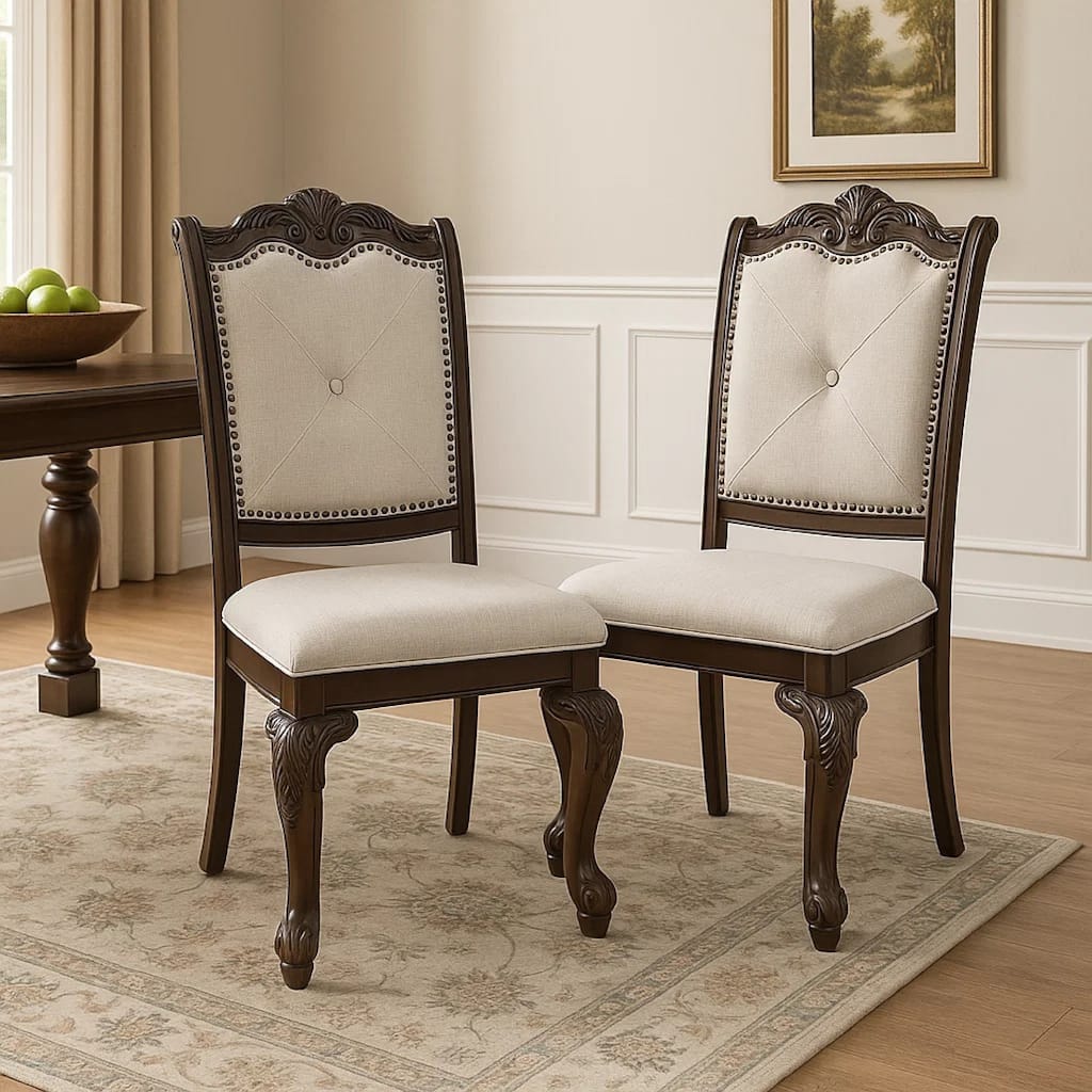 Side Dining Chair Set of 2, Beige Linen, Scrolled Coffee Brown Wood