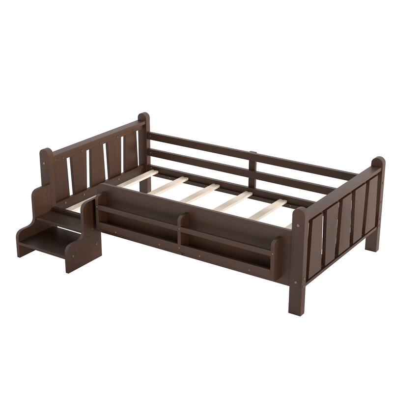 Full/Twin Floor Bed with Storage Bookcases & Cute Stairs - Solid Wood Kids Bed, No Box Spring