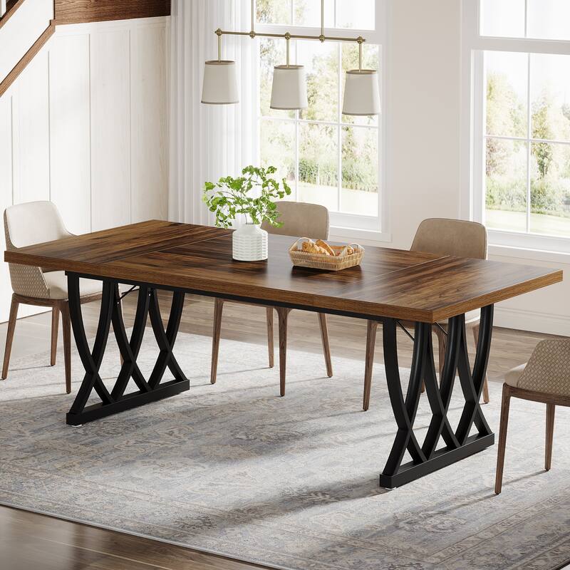 70.87-inch Dining Table with Metal Frame for Home - Black Brown