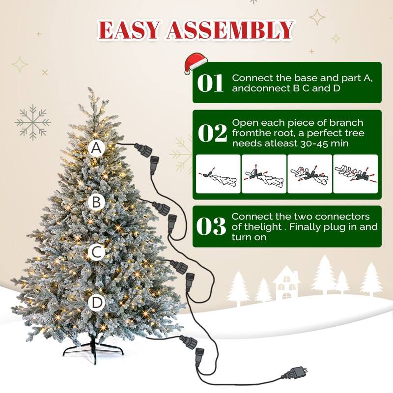 7 FT Pre-lit Snow Flocked Christmas Tree, Artificial Hinged Xmas Pine Tree for Holiday Party Office Home, Snowy Green