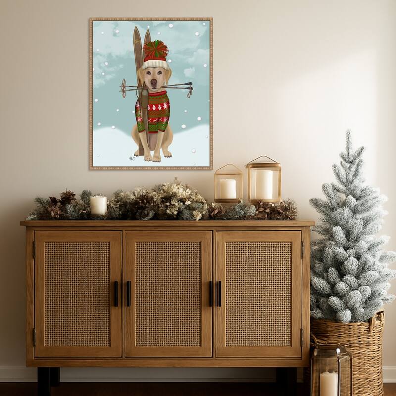 Yellow Labrador Skiing by Fab Funky (23 x 28 in.), Framed Canvas Wall Art Print - Sylvie Beaded Rustic Natural
