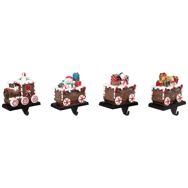 Set of 4 Gingerbread Train Christmas Stocking Holders 4.75"