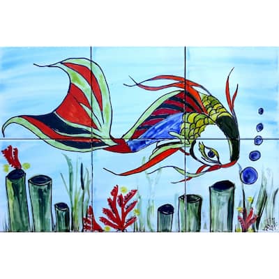 18x12 Artful Fish Mosaic Backsplash 6pcs Ceramic Tiles Wall Mural