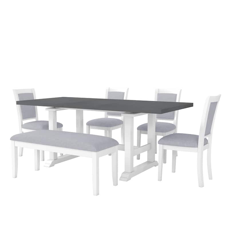 Roomfitters 6-Piece Dining Set, Rectangular Wood Kitchen Table with Trestle Base, 4 Upholstered Chairs and Bench