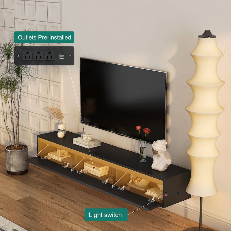 Floating TV Stand Wall Mounted TV Shelf with Power Outlet