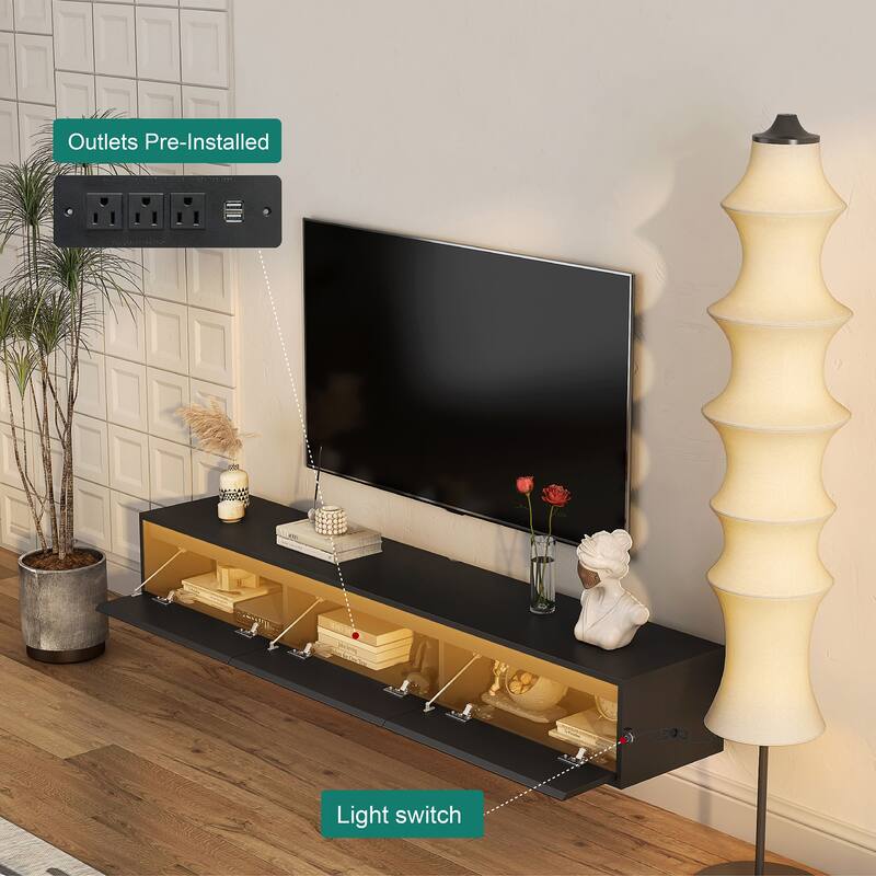 Modern Floating Wall-Mounted TV Stand with High-Gloss TV Stand, featuring LED Lights and Power Outlets, for Living Rooms