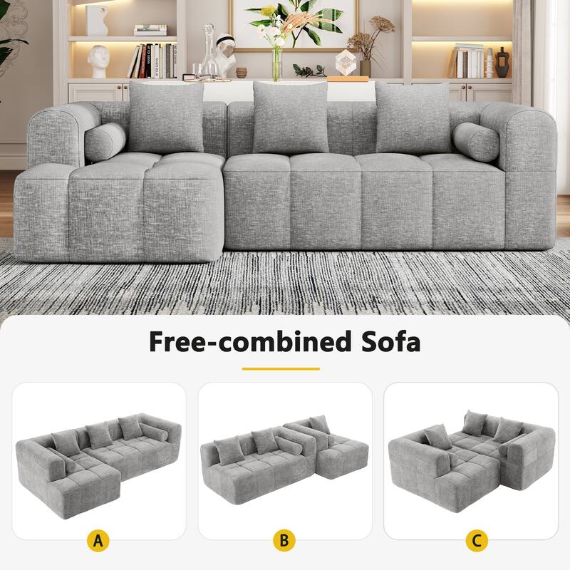 L-Shaped Sectional Sofa with 2 Side Pockets, Full-Compressed Modular Sofa Free-Combined Sofa, Comfy Chenille Deep Seat Sofa