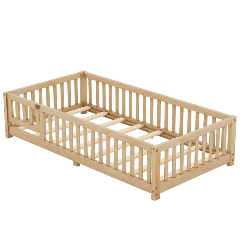 Natural Twin Size Pine Wood Floor Bed with Safety Guardrails and Door for Kids, Boys, Girls, Bedroom