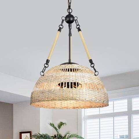 Black Steel and Antique Silver Bamboo 3-Light Bowl Chandelier