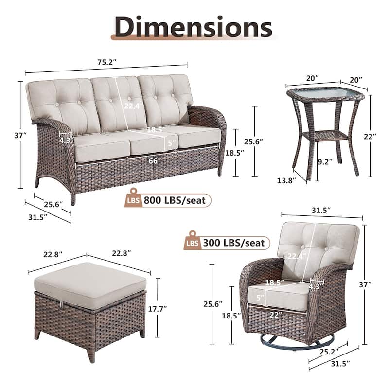 TWrap 6-Piece Patio Brown Wicker Sofa Conversation Set with 5-Inch Thick Cushions