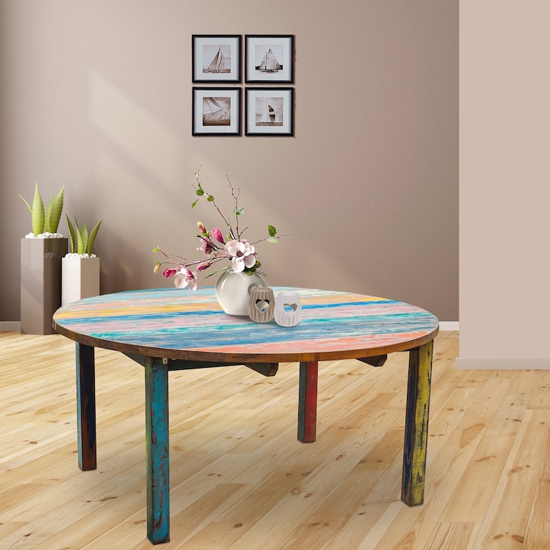 Chic Teak Round Dining Table made from Recycled Teak Wood Boats, 55 inch - Multi
