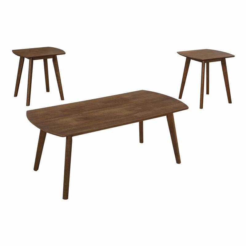 Indy 3 Piece Coffee and End Table Set, Angled Legs, Walnut Brown Solid Wood