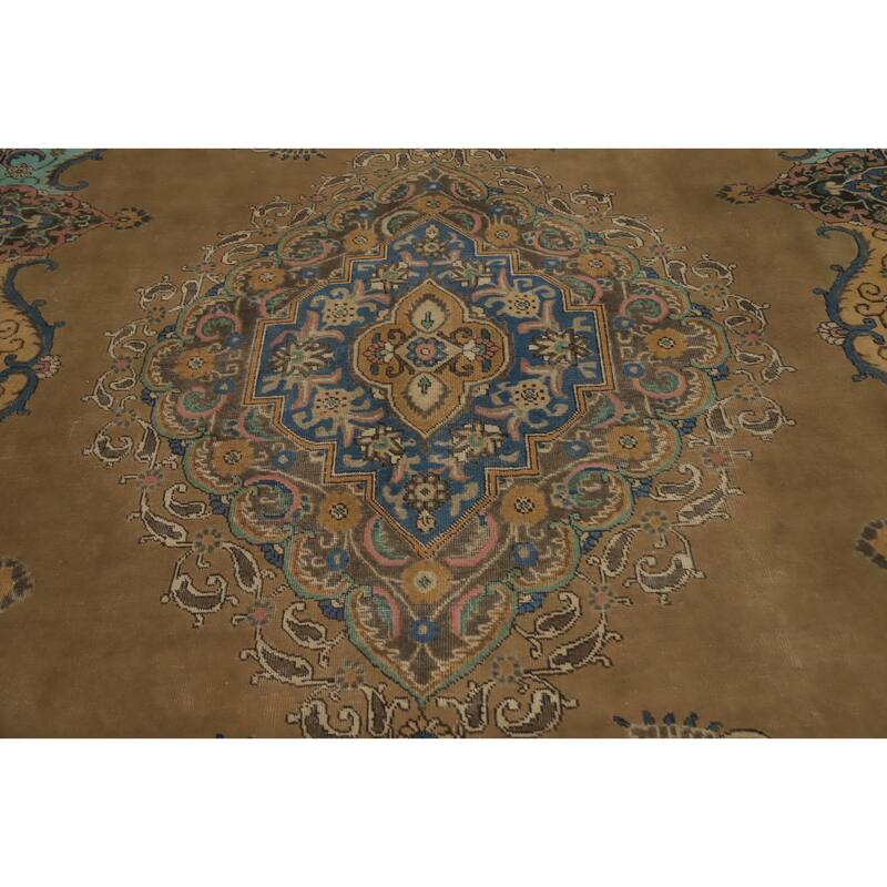 Hand Knotted Oriental 100% Wool Carpet Traditional Floral Brown Tabriz Area Rug - 12' 9'' X 9' 6''