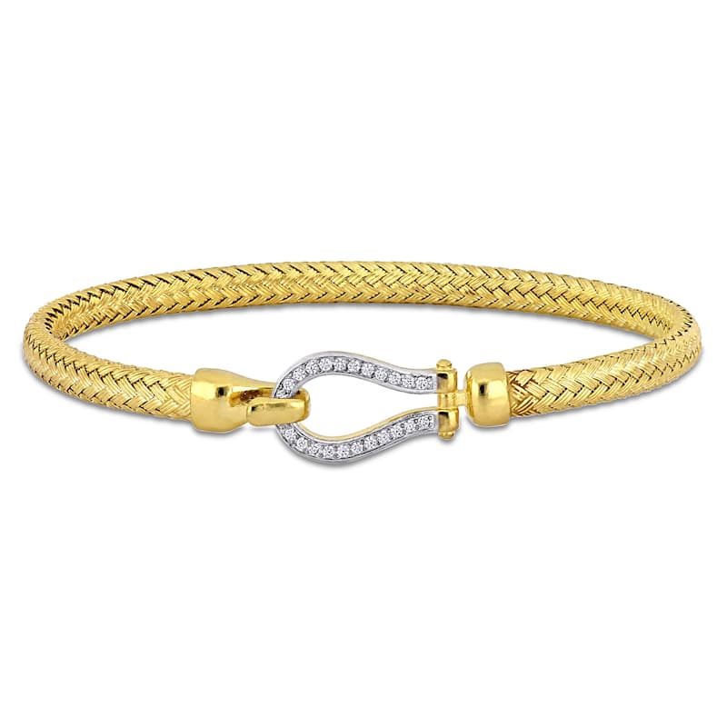 Miadora 3/4ct TGW Cubic Zirconia Weave Design Bangle Buckle Clasp in Yellow Silver - 8 in - 8 in x 10.8 mm x 6.5 mm