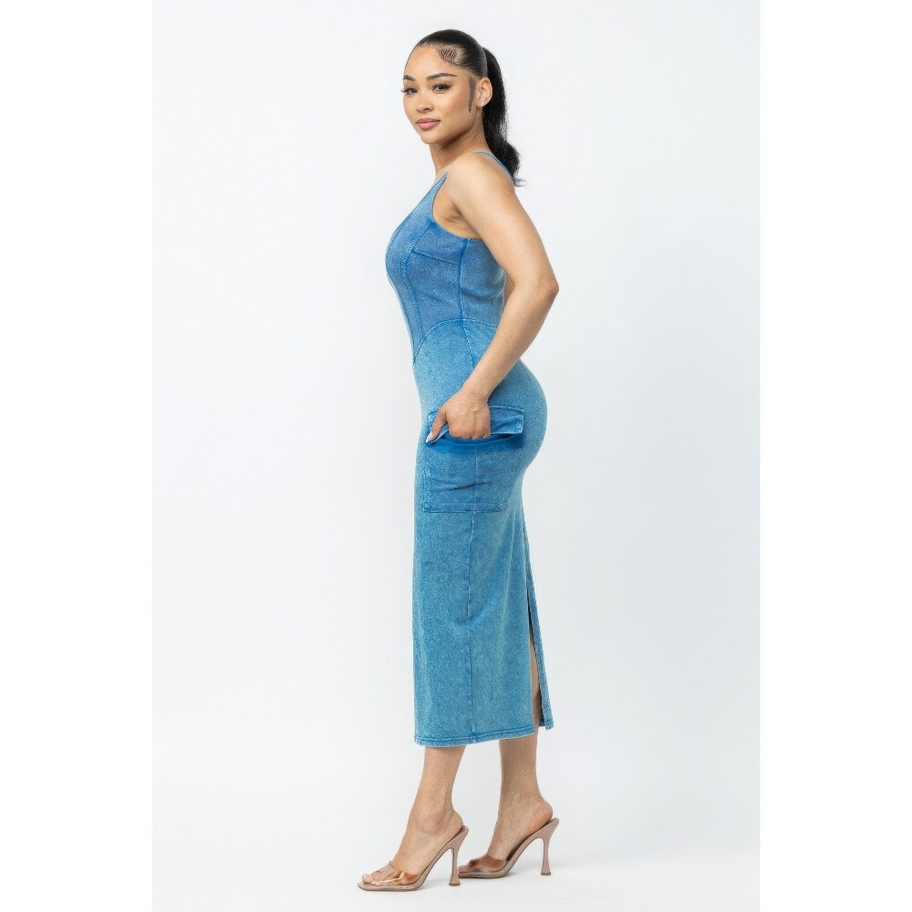 knee length dresses for ladies Sassafras Women Blue Acid Wash Strappy Midi Dress XXL / Blue