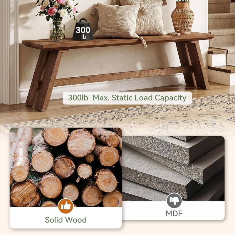 63 Inch Solid Wood Entryway Bench, Farmhouse Shoe Storage for Hallway, Mudroom - 62.99" W × 13.78" D × 17.72" H