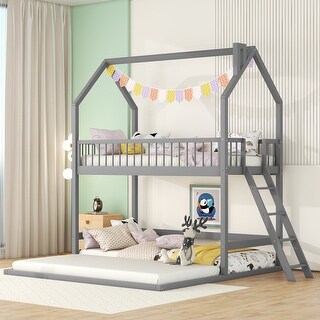 Gray Twin over Twin-Twin House Bunk Bed with Extending Trundle and Ladder