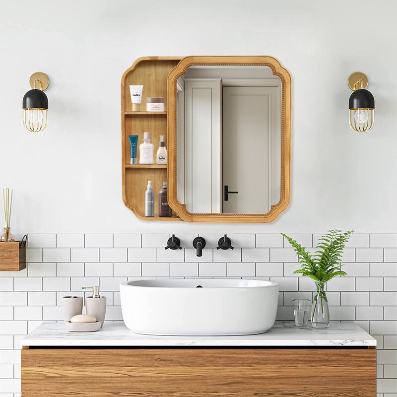 31.5" x 23.82" Wood Framed Wall - Mounted Mirror Cabinet with Storage Shelves, Medicine Mirror for Bathroom, Living Room - Brown