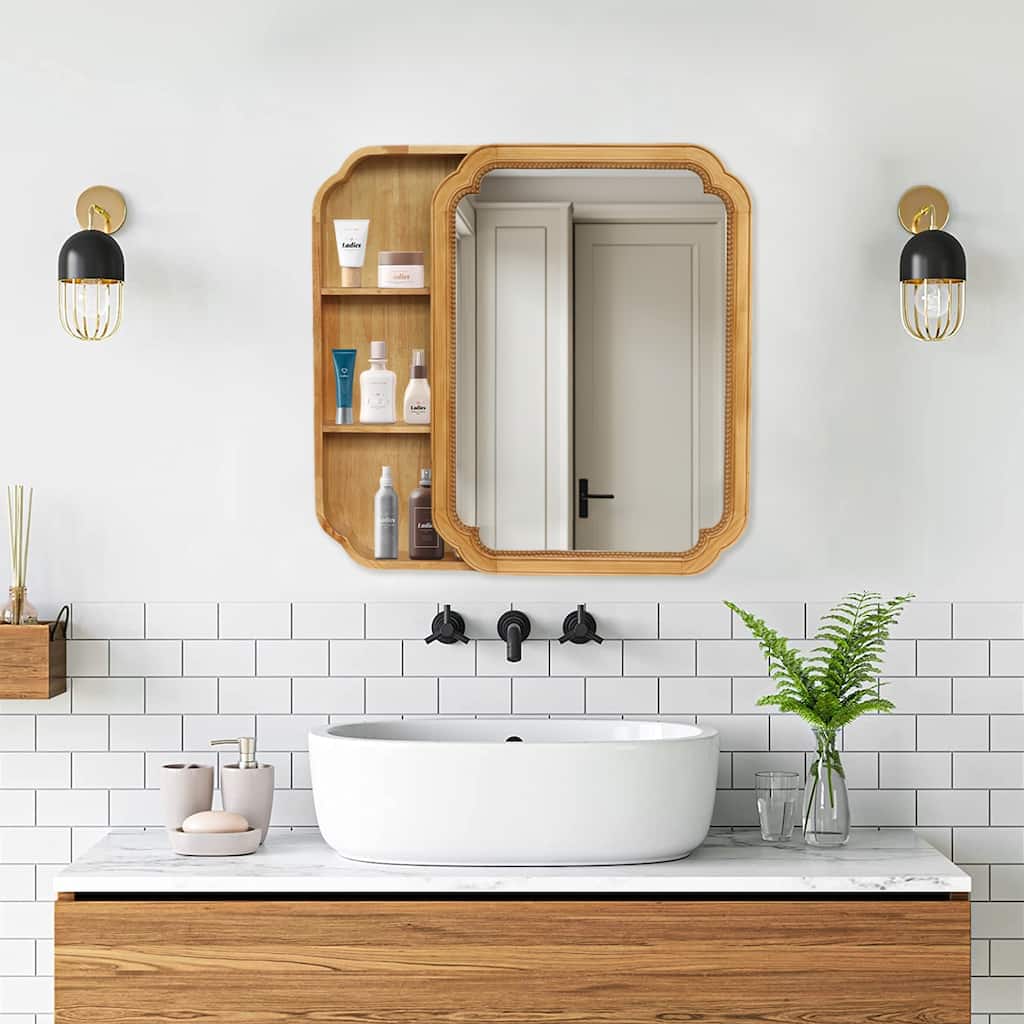 31.5" x 23.82" Wood Framed Wall - Mounted Mirror Cabinet with Storage Shelves, Medicine Mirror for Bathroom, Living Room