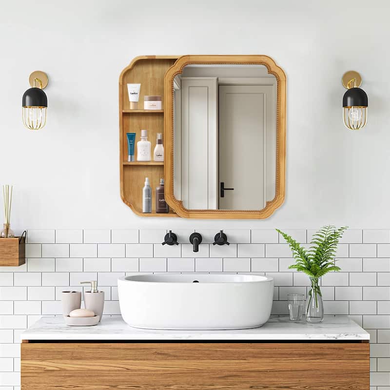 Wood Framed Wall-Mounted Mirror Cabinet, 32x24 Inch Bathroom Medicine Cabinet with Storage Shelves