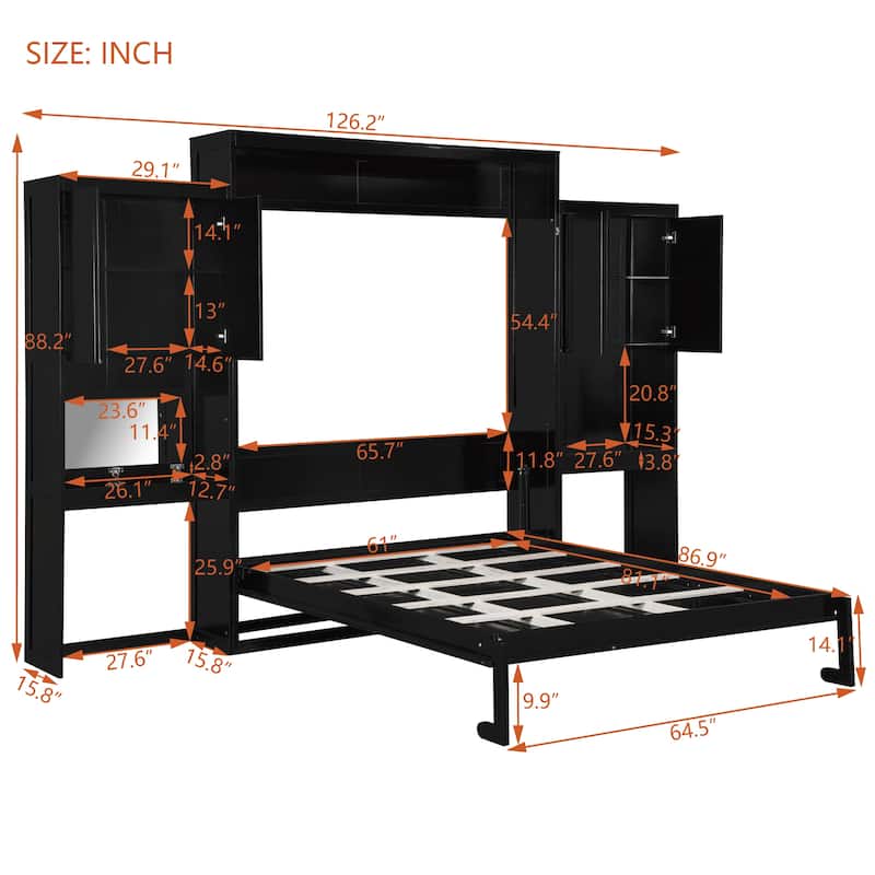 Queen Size Murphy Bed with Desk, Flip-Up Vanity & Cabinets, Space-Saving Wall Bed with Storage for Bedroom & Guest Room