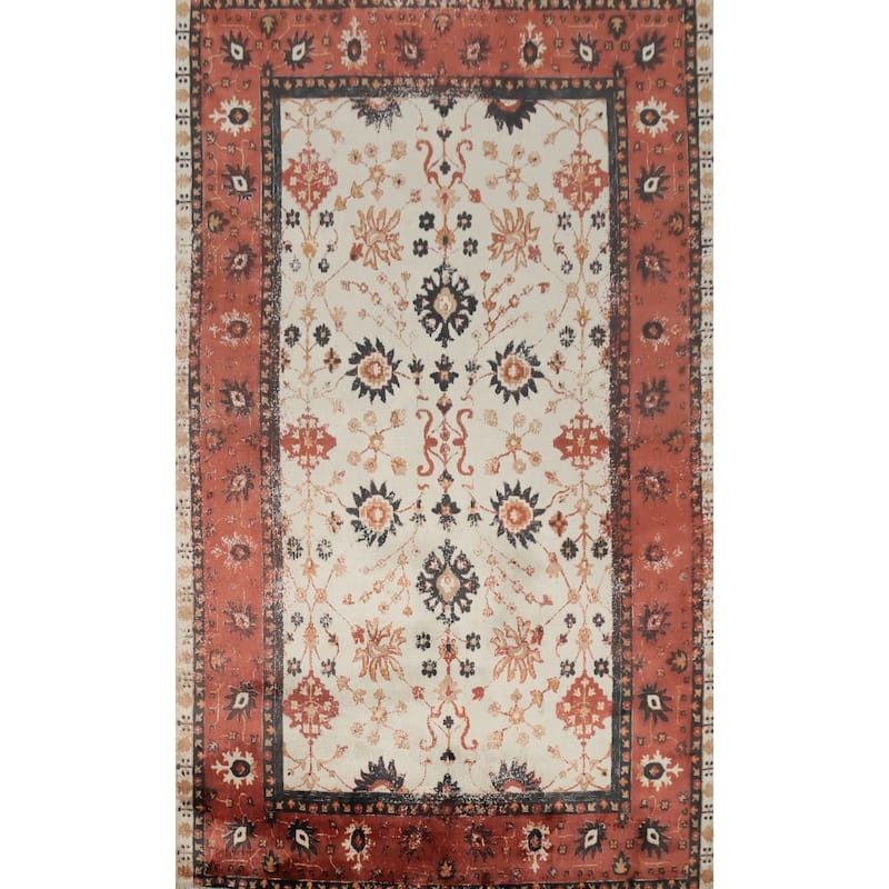 Hand Knotted Oriental Viscose Silk Carpet Transitional All-Over Beige & Ivories Oushak Area Rug - 7' 8'' X 5' 0''