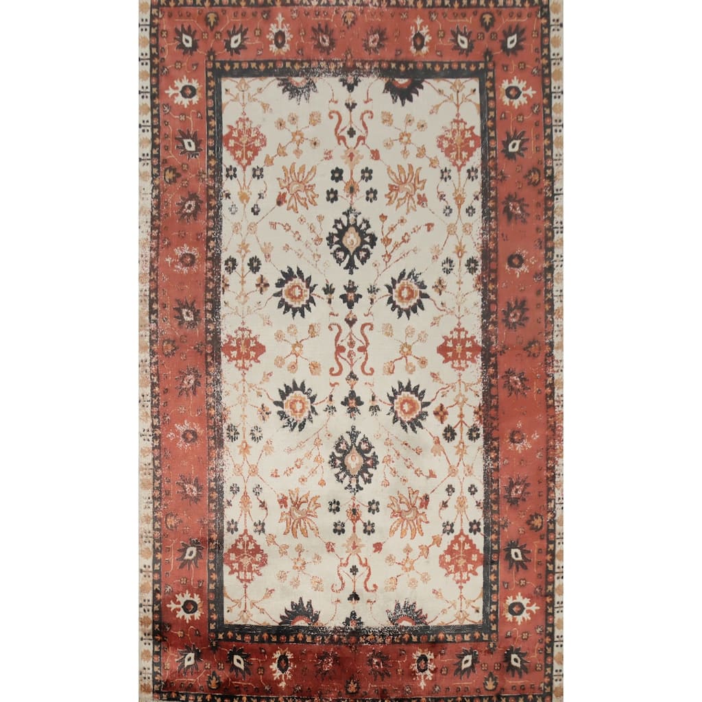 Hand Knotted Oriental Viscose Silk Carpet Transitional All-Over Beige & Ivories Oushak Area Rug - 7' 8'' X 5' 0''
