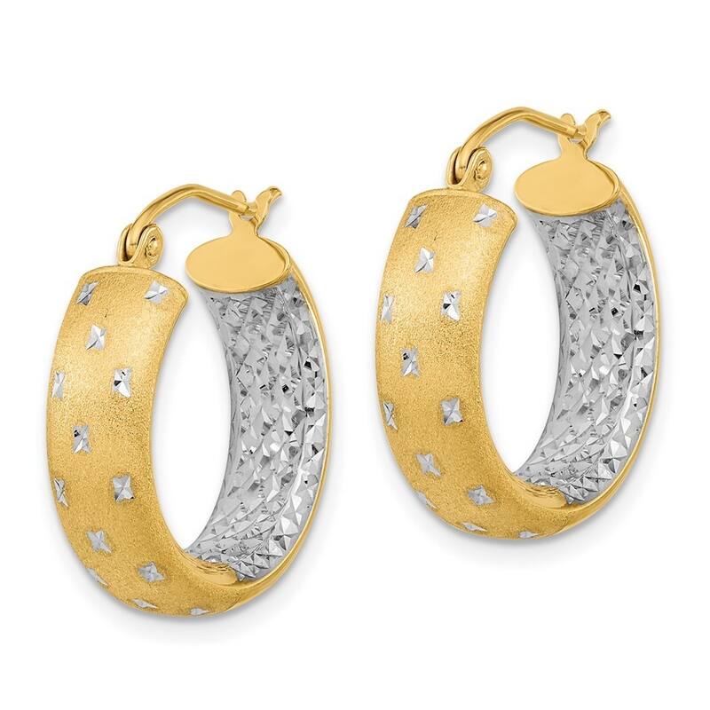 Curata 14k Yellow Gold with Rhodium Satin and Diamond Cut In Out Hoop Earrings 20.83x5.75mm