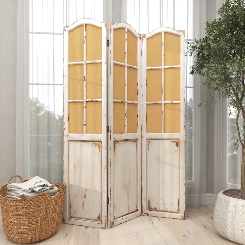 Beige Wood Hinged Foldable Partition 3 Panel Partition Room Divider Screen with Burlap Window Pane Design