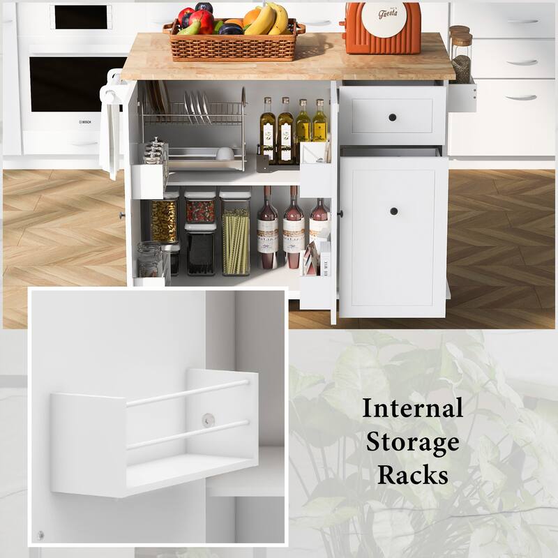 Kitchen Storage Cart on Wheels with Internal Storage Racks, Drop Leaf Rubber Wood Top & Adjustable Shelves