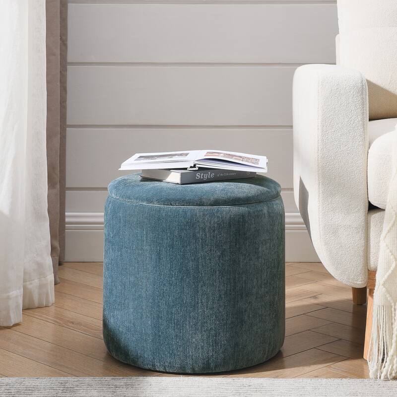 Roomfitters 2-Piece Round Chenille Storage Ottoman Set with Drum-Shaped Stool and MDF Top, Hidden Compartment